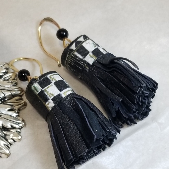 Leather and Copper Afro Boho Chic Black Tassel Earrings. 2.75" - Picture 6 of 8